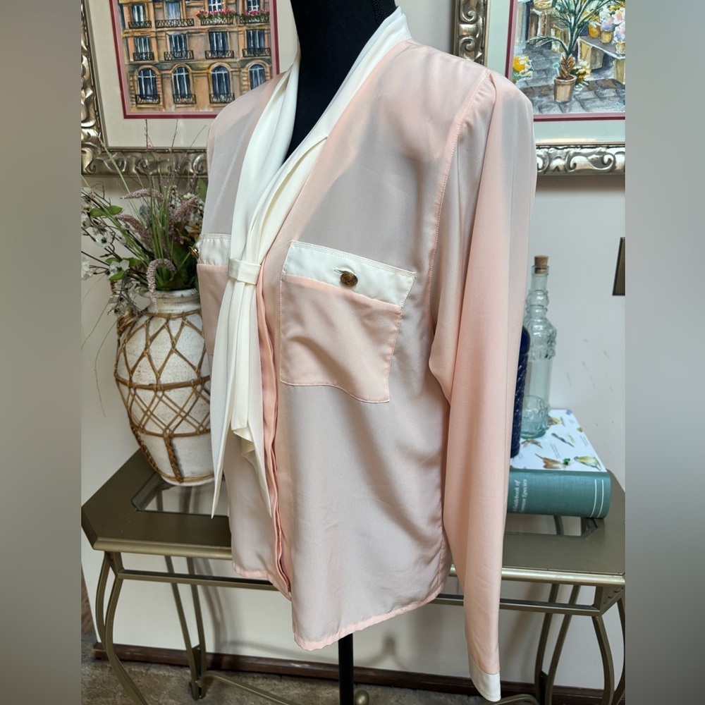 CHAUS VINTAGE PASTEL PEACH BLOUSE COLOR-BLOCK RETRO TIE SASH NECK CAREER SIZE 6 - Picture 3 of 7